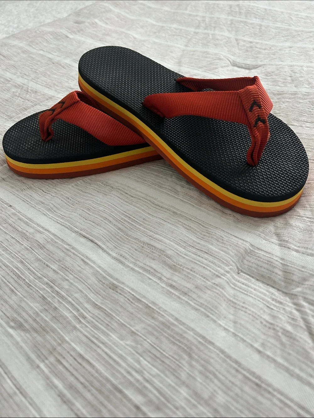 Vintage 1970’s/80’s  Black Flip Flops with Red Straps and Multicolor Stripe Sole